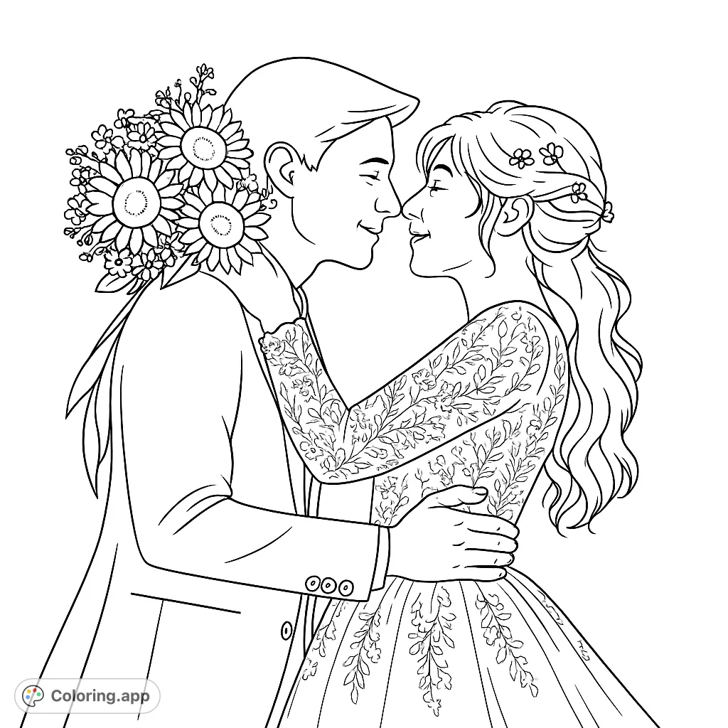 A beautiful wedding couple in a tender embrace, featuring intricate floral details on the bride's dress and a sunflower bouquet.