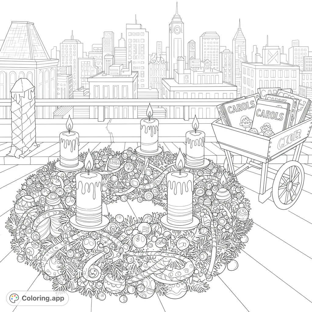 Detailed Advent wreath on a city rooftop with a festive carol cart and intricate skyline. A free printable holiday coloring page for adults.