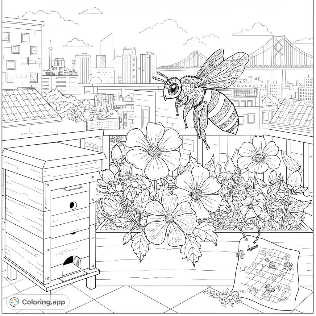 A detailed urban beekeeping coloring page featuring a large, intricately patterned bee flying over a rooftop garden with a beehive and a bustling cityscape background.