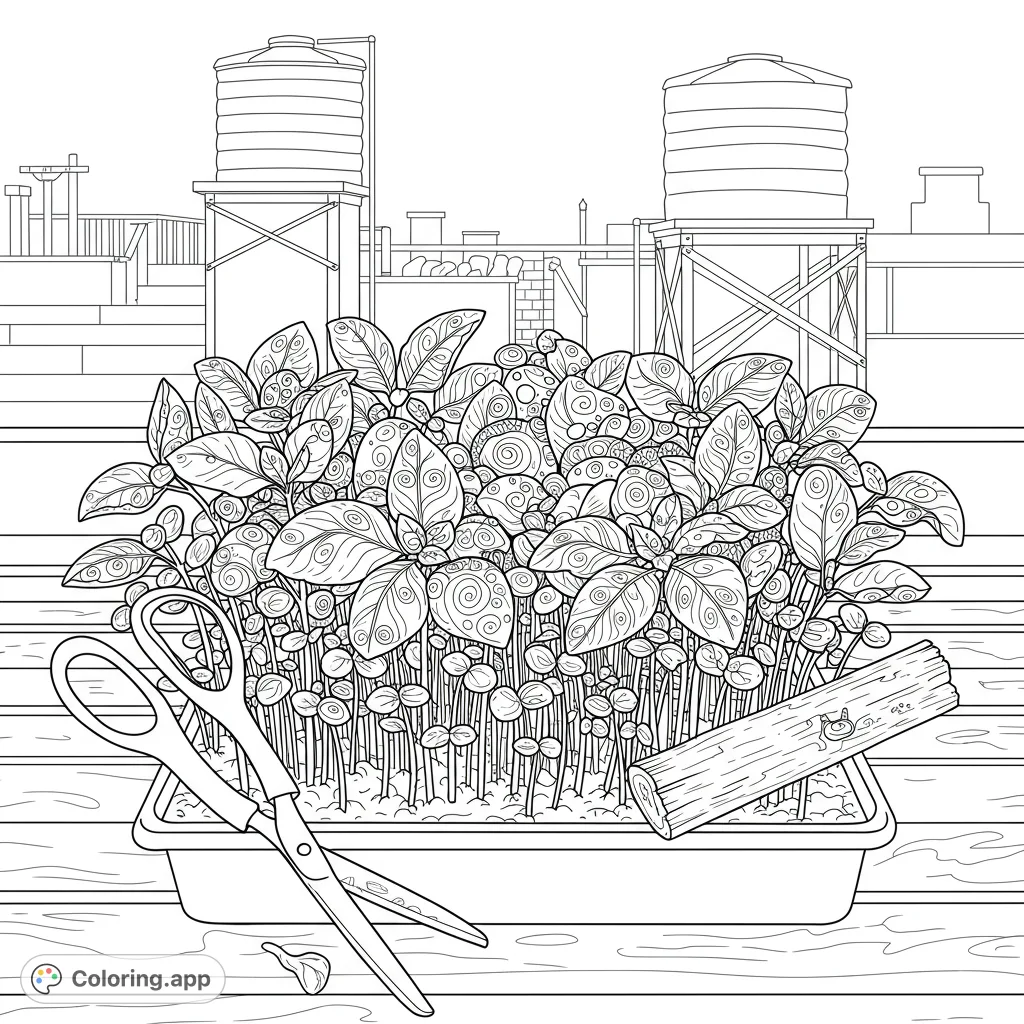 Discover a detailed rooftop garden coloring page featuring lush microgreens with intricate patterns, scissors, and an urban skyline. A free printable for all ages.