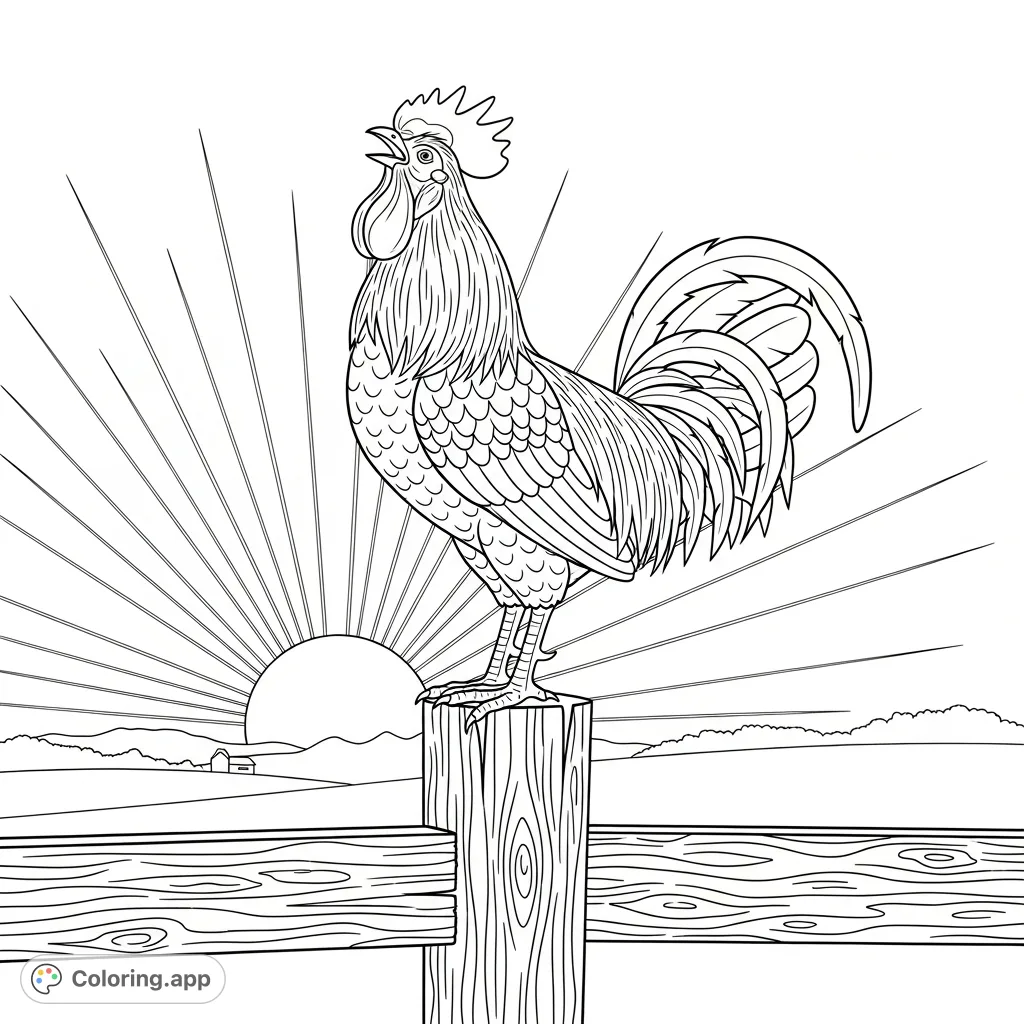 A majestic rooster crows atop a weathered fence post, its feathers detailed against a backdrop of a rising sun and gentle farm scenery.
