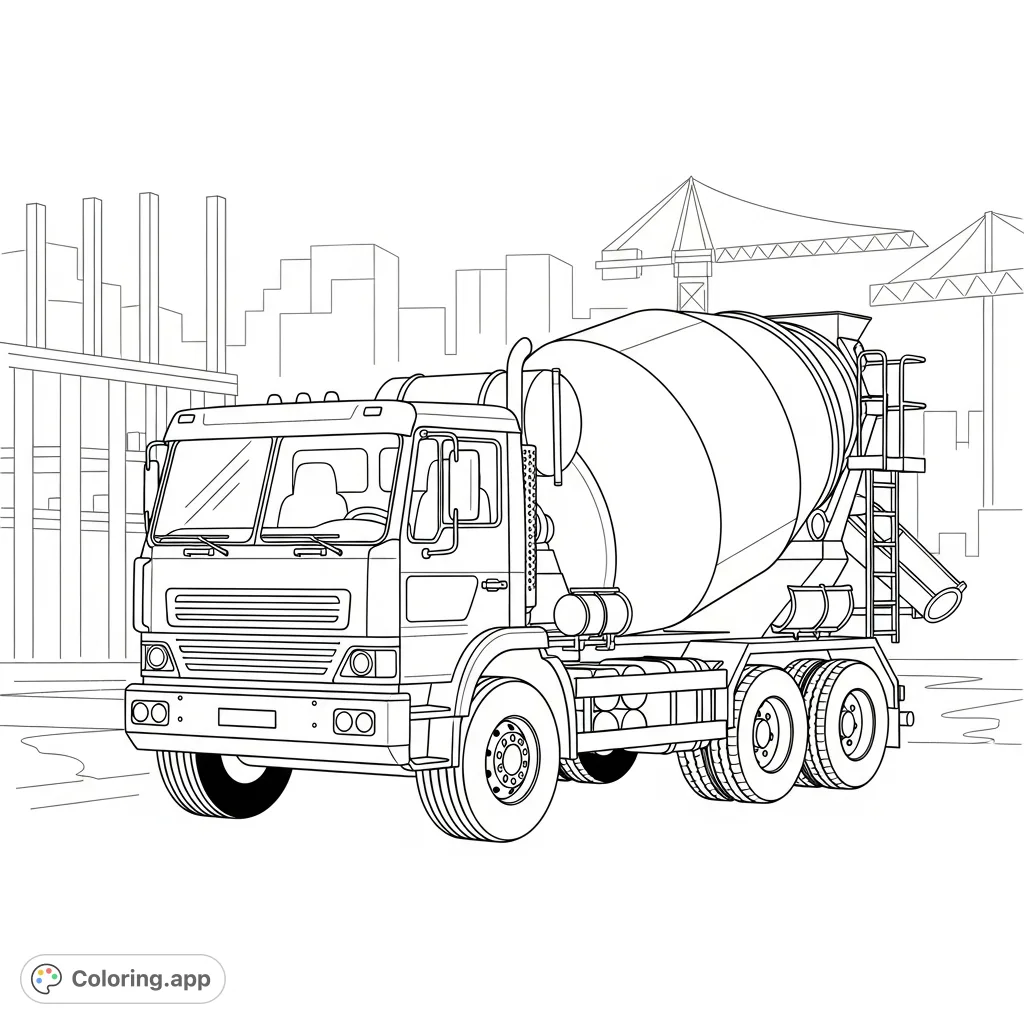 A detailed coloring page featuring a cement mixer truck with a rotating drum and simplified chute, set against a minimal urban construction background.