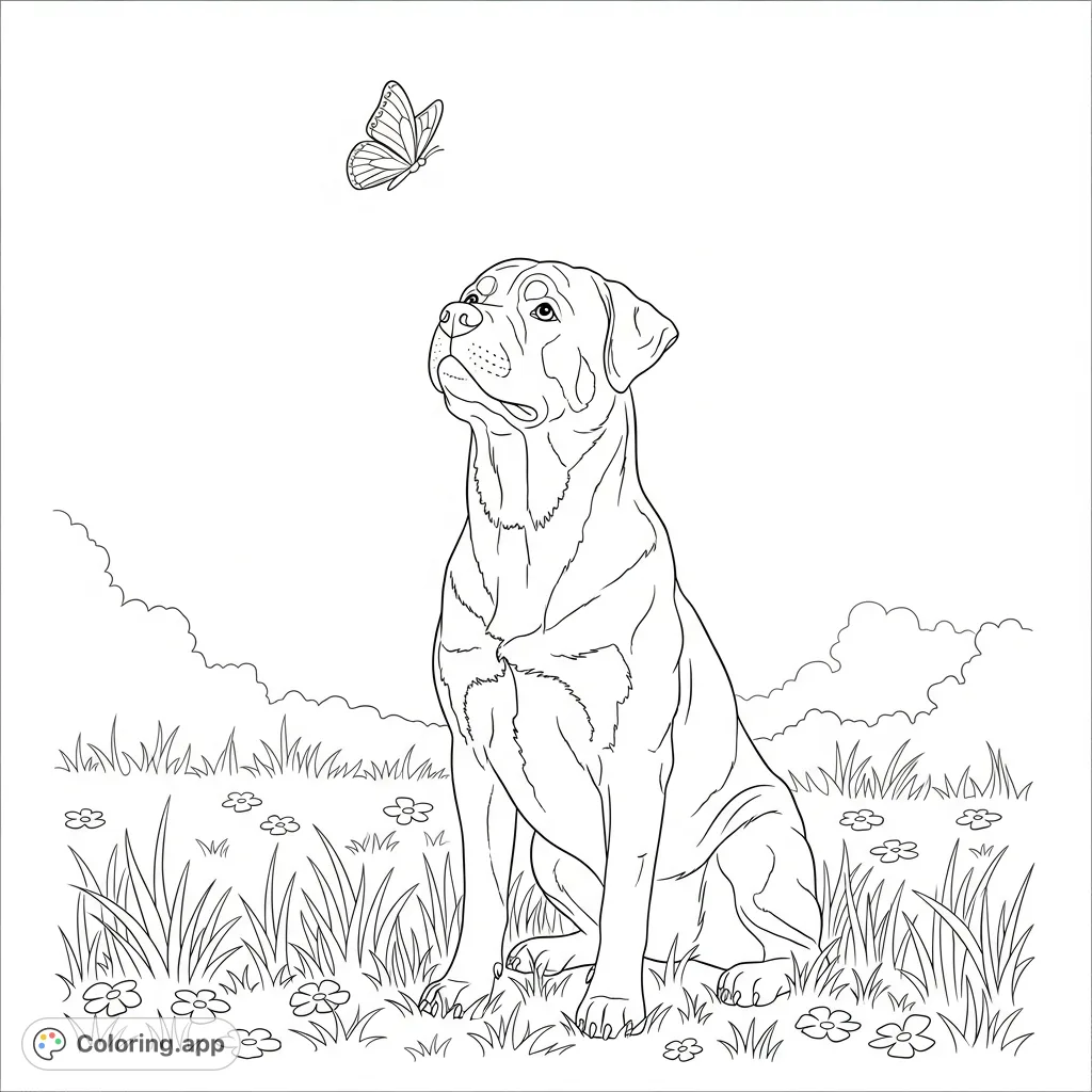 2 Rottweilers Coloring Rottweiler and Butterfly Meadow - Coloring.app