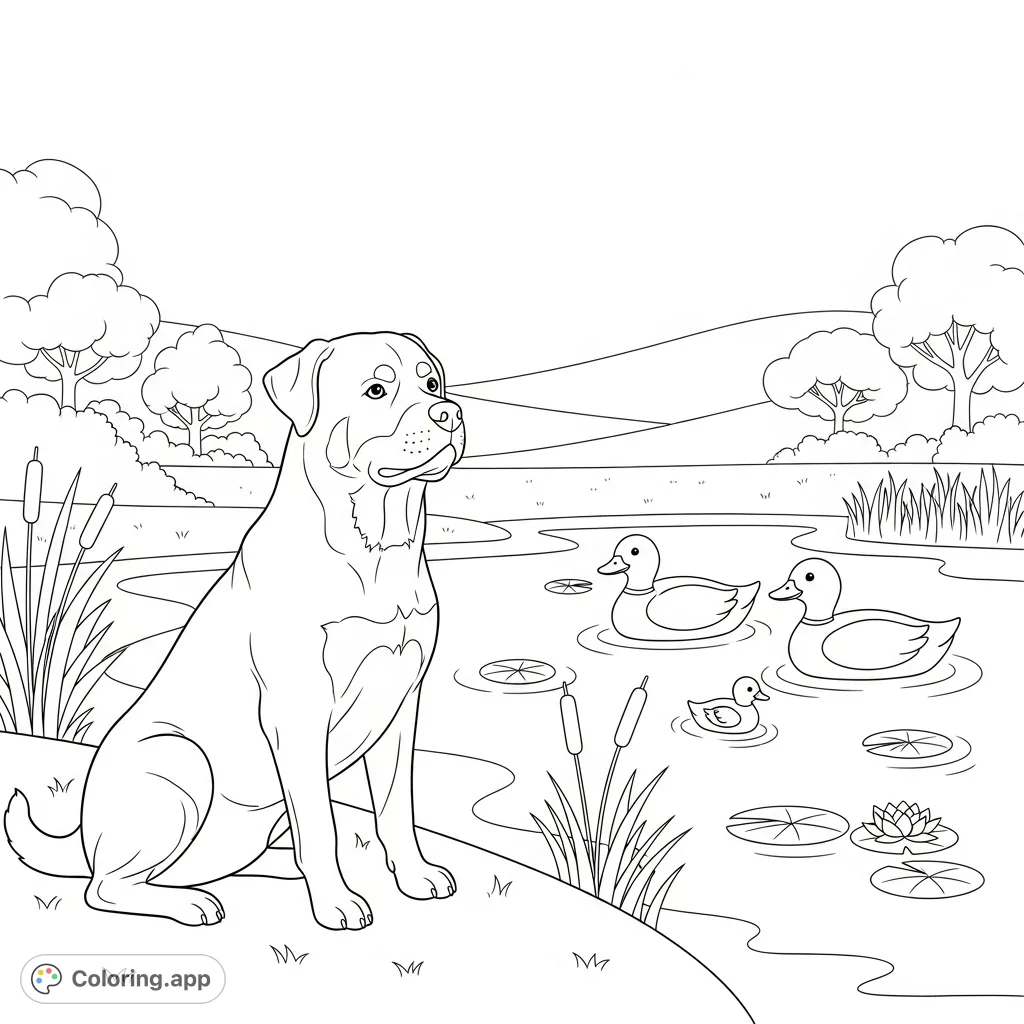 A loyal Rottweiler sits calmly beside a serene pond, watching simplified ducks float peacefully. A delightful scene for animal lovers.