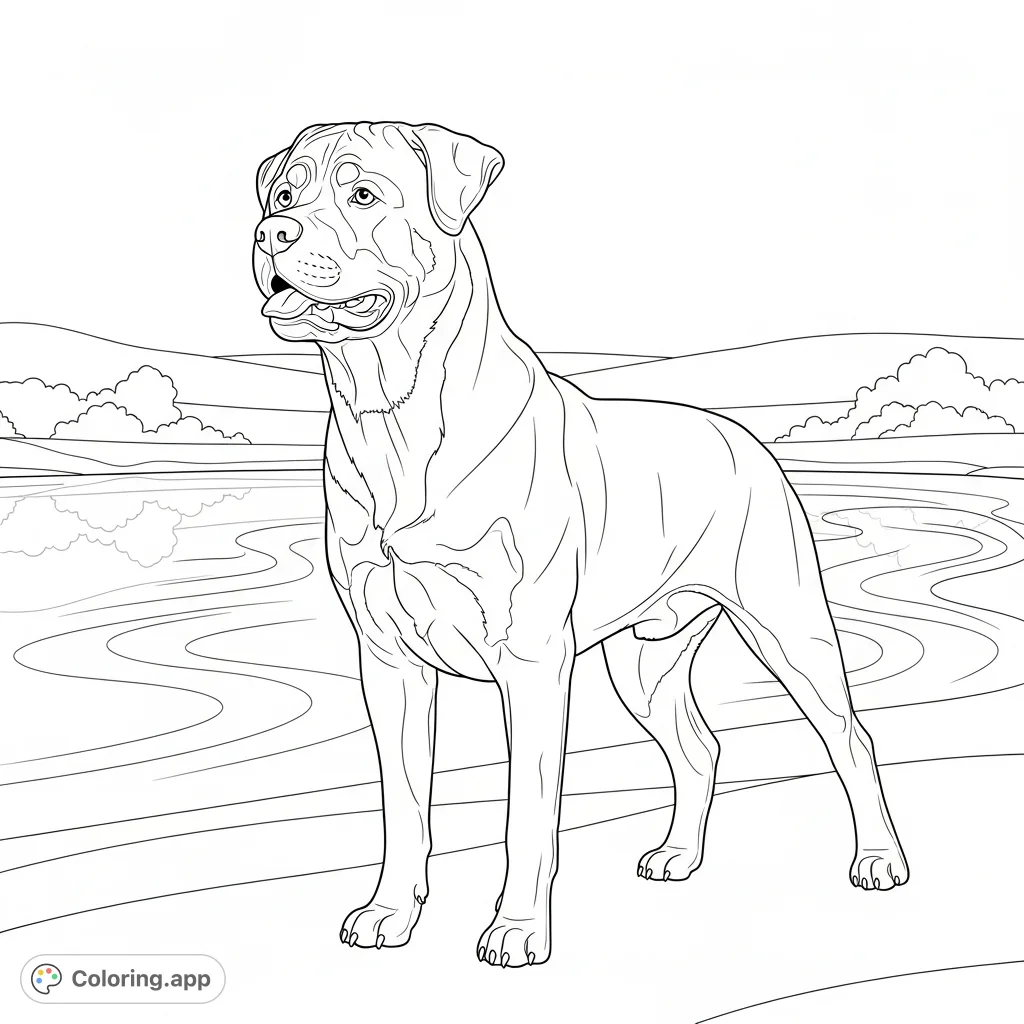 A powerful Rottweiler stands alert by a serene pond, its reflection subtly depicted in curved lines. A calm landscape completes the scene.