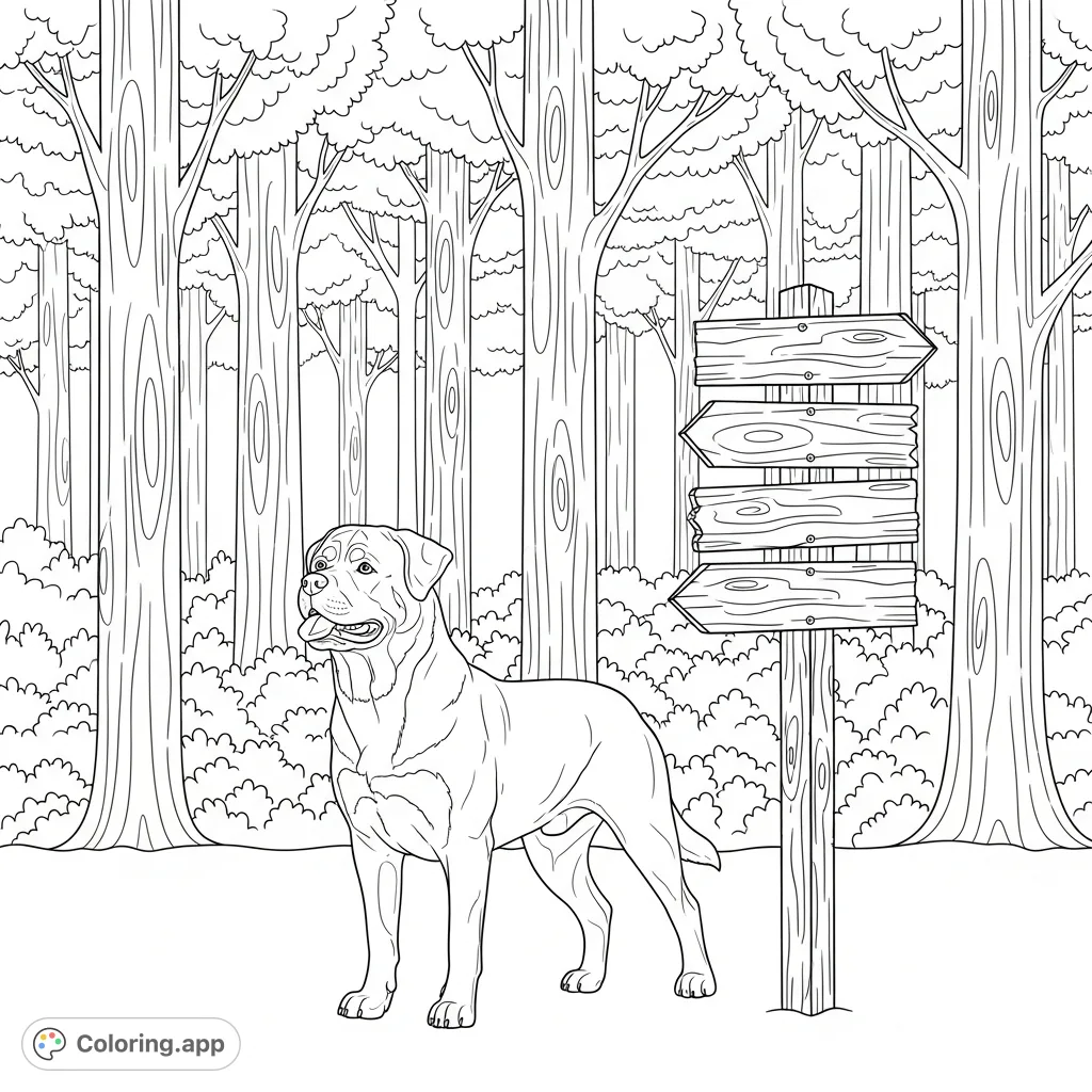 A proud Rottweiler stands by a rustic hiking sign, set against a dense, textured forest backdrop, ready for adventure. Explore nature's beauty.