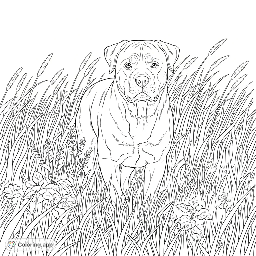 A powerful Rottweiler navigating tall grass, with its alert head and broad back visible. A detailed scene for dog lovers to color.