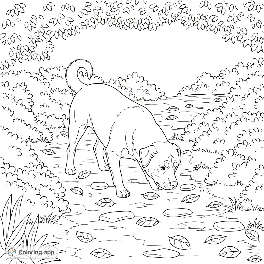 A friendly Rottweiler sniffs along a winding wooded path, surrounded by simply outlined bushes and scattered leaves, capturing a serene moment in nature.