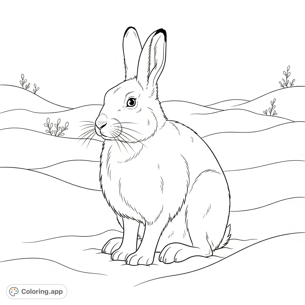A charming coloring page featuring a plump arctic hare nestled in a snowy landscape, emphasizing its rounded form and distinctively large feet.