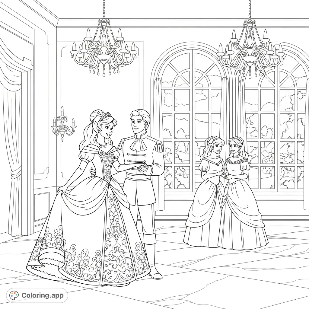 A princess and prince dance in an ornate ballroom, observed by friends. A majestic scene with grand chandeliers and a moonlit garden view awaits your creative touch.