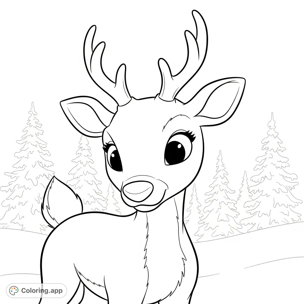 A majestic Rudolph with his prominent glowing nose, set against a soft winter backdrop of snow-covered pine trees. Perfect for holiday cheer!