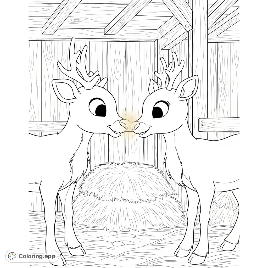 A heartwarming Rudolph coloring page featuring Rudolph nose-to-nose with a friend in a cozy wooden stable, perfect for holiday creativity and festive fun.