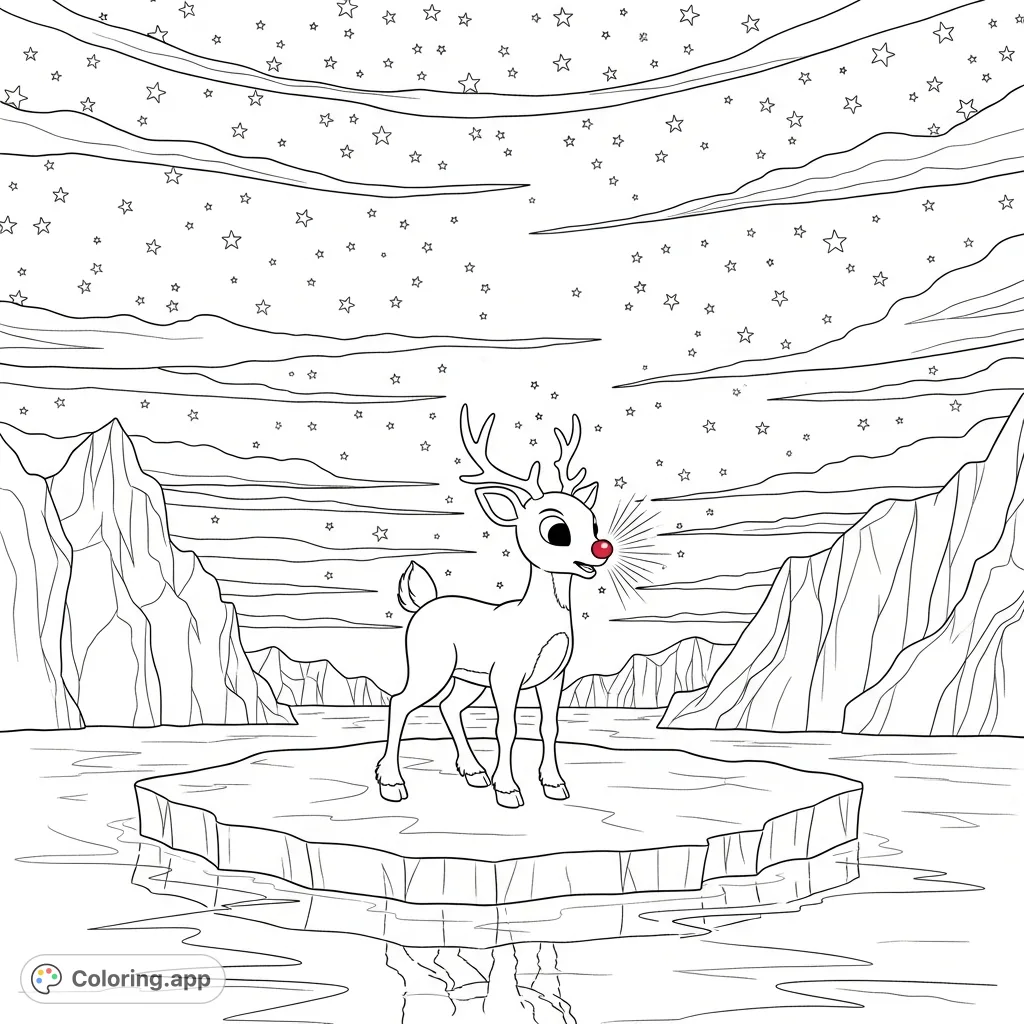 Rudolph the Red-Nosed Reindeer on an ice floe under a starry arctic sky with ethereal northern lights. A magical winter scene for coloring enthusiasts.