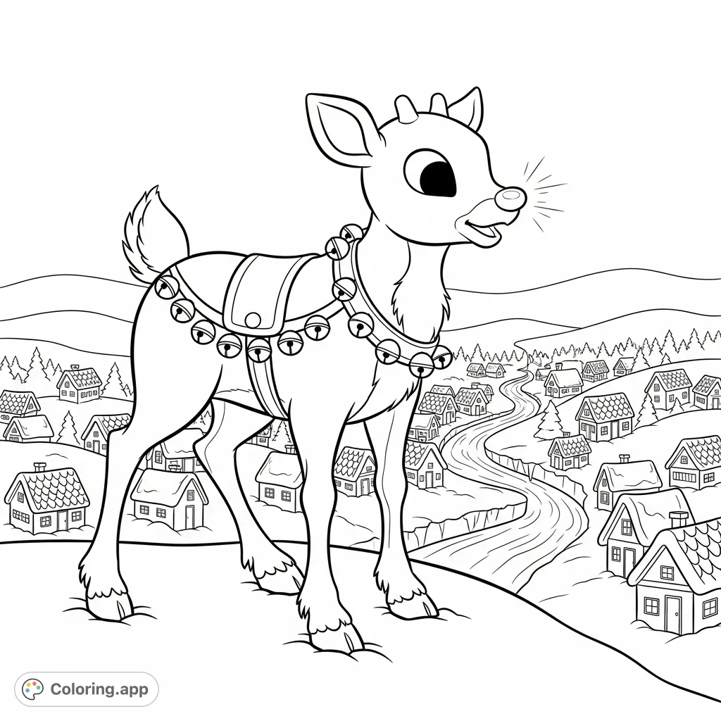 A charming Rudolph the Red-Nosed Reindeer stands alert on a frosted hill, with a detailed harness and his famous nose, overlooking a snowy valley with cabins and a winding, partially frozen river.