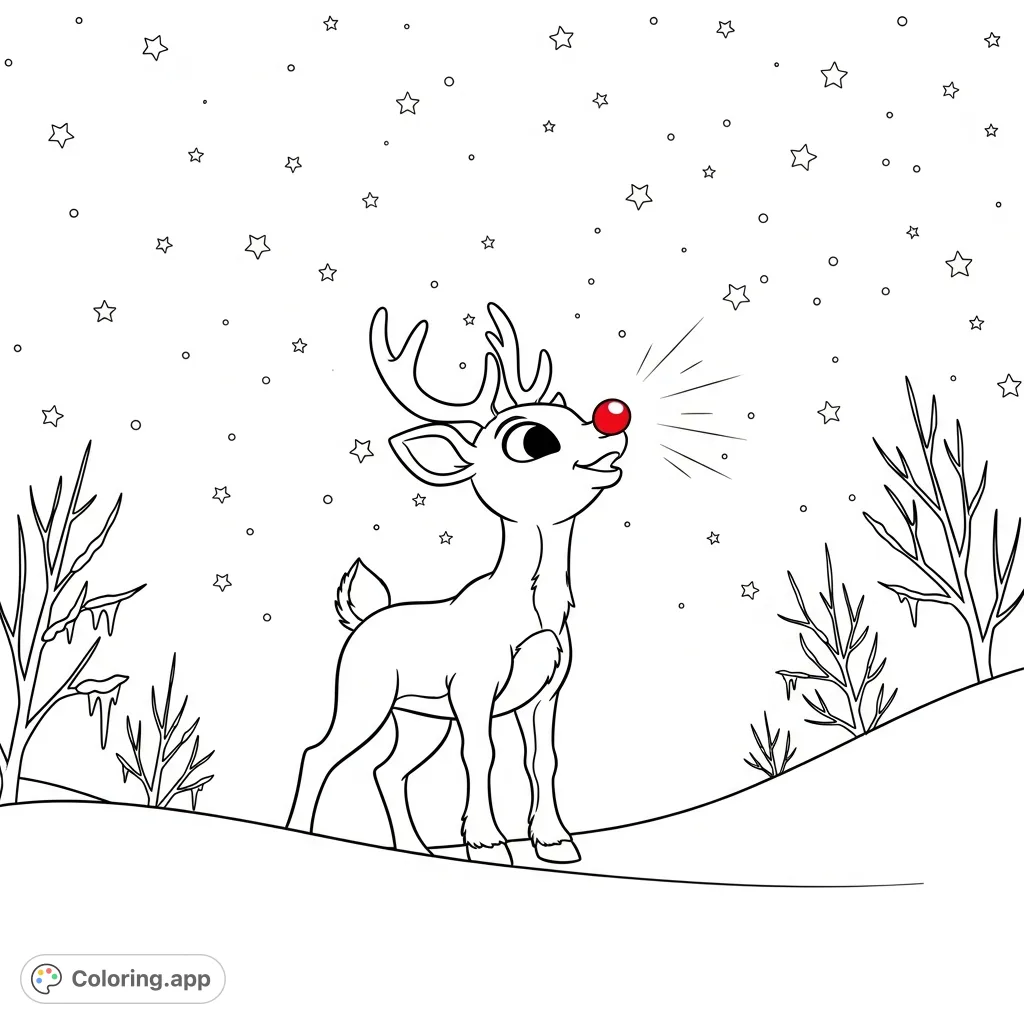 Rudolph the Red-Nosed Reindeer gazes up at a sparkling night sky from a snowdrift, his iconic nose casting a gentle glow on the serene winter landscape.