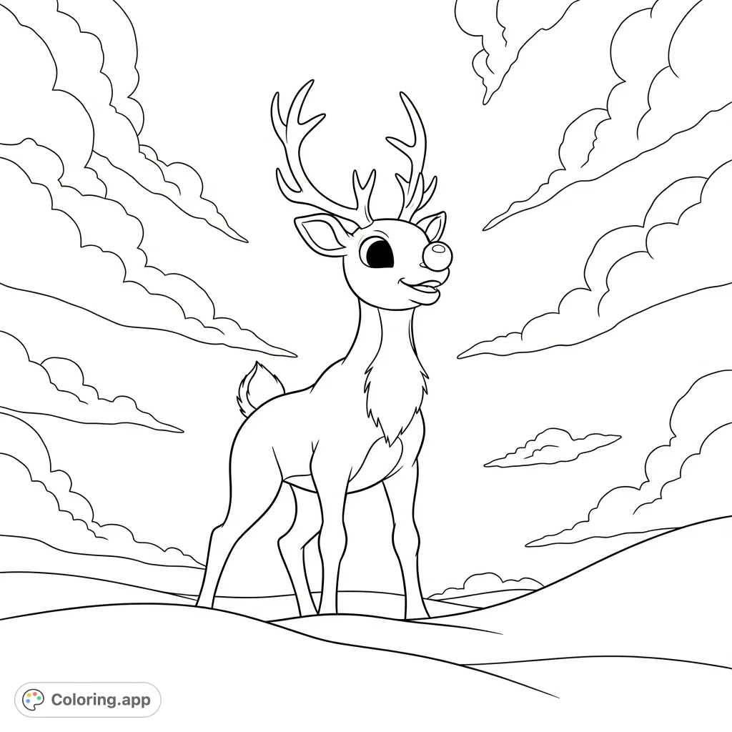 An iconic Rudolph the red nosed reindeer stands tall against a cloudy sky, his prominent antlers and distinctive nose a proud focal point.