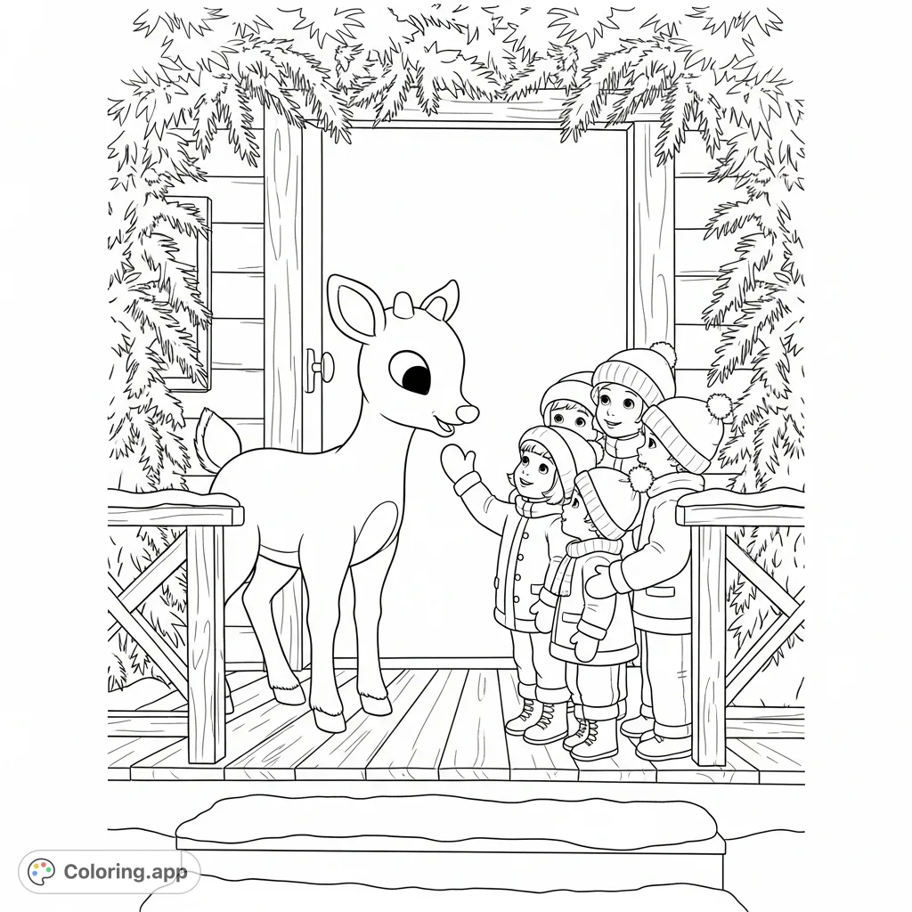 A heartwarming scene of Rudolph interacting with bundled children on a cozy cabin porch, surrounded by pine, perfect for a joyful holiday coloring page.
