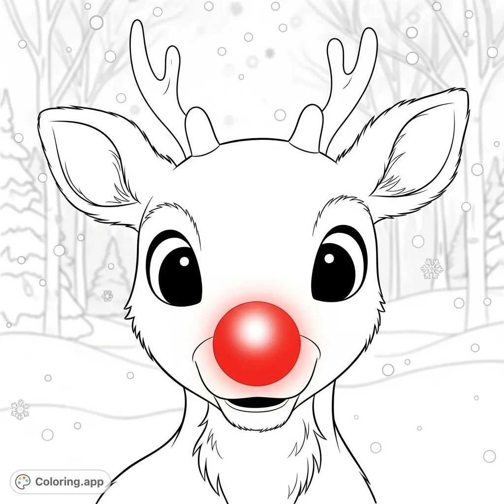 A heartwarming Rudolph the red nosed reindeer coloring page, featuring his iconic glowing nose and fluffy fur against a snowy forest scene. Perfect for the holidays!