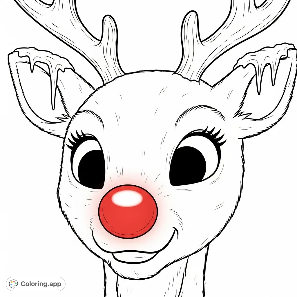 Capture the iconic Rudolph the Red-Nosed Reindeer in a detailed close-up, highlighting his famous glowing nose, empathetic eyes, and textured fur.