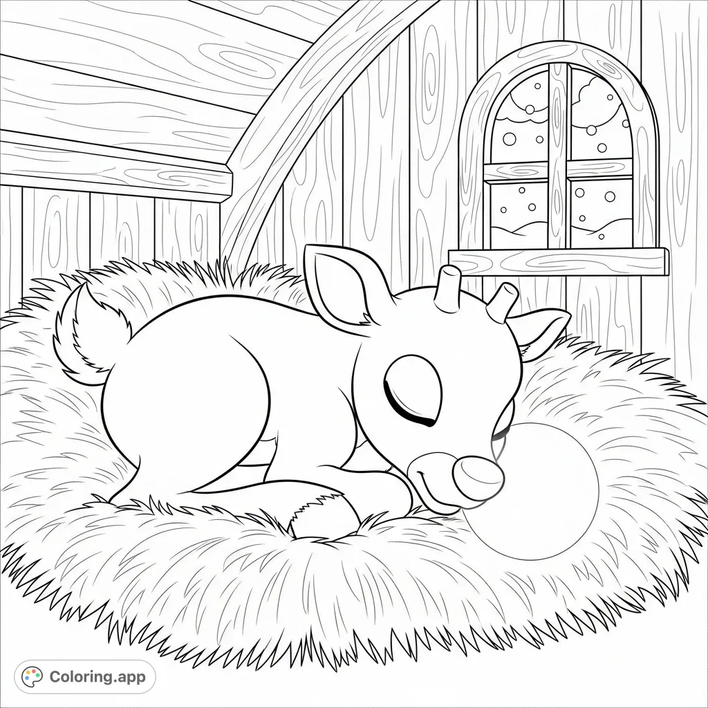 A serene Rudolph rests in a rustic stable, his glowing nose illuminating his face. Perfect for a cozy holiday coloring page, capturing peaceful moments.