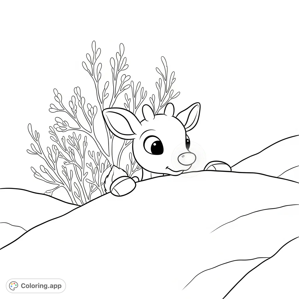 Discover Rudolph peeking over a sculpted snowdrift, his glowing nose illuminating the scene amidst delicate, frost-covered branches. A charming winter coloring page!