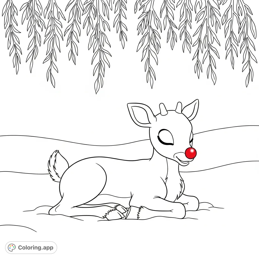 A serene Rudolph the Red-Nosed Reindeer rests peacefully amidst a snowy landscape under a canopy of snow-laden branches. Perfect for festive coloring.
