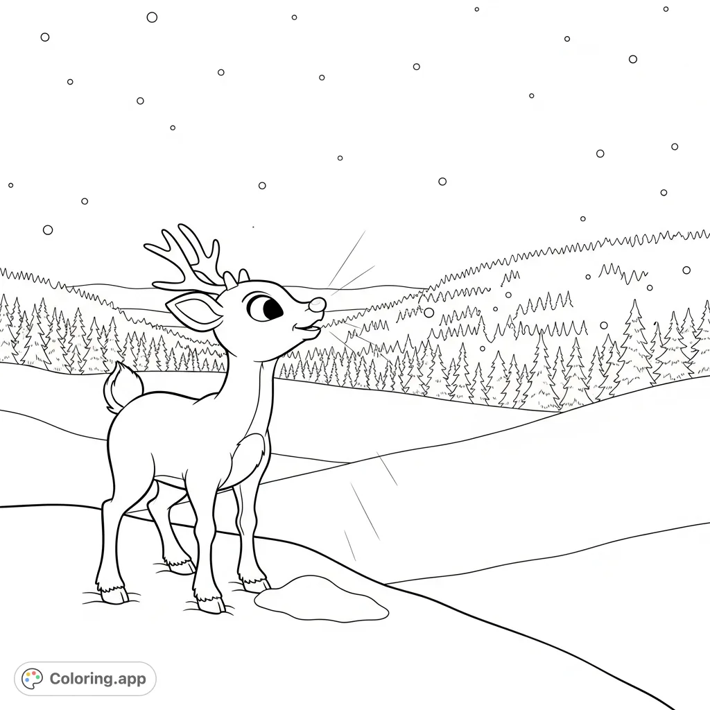 Join Rudolph the red nosed reindeer on a peaceful snowy hill, his illuminating nose guiding the way across a quiet winter valley. Perfect for holiday fun!