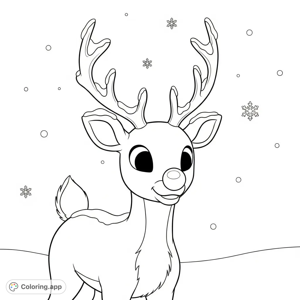 Color Rudolph the Red-Nosed Reindeer in a charming winter scene. Featuring his iconic glowing nose, majestic antlers, and a gentle dusting of snow amidst falling flakes.