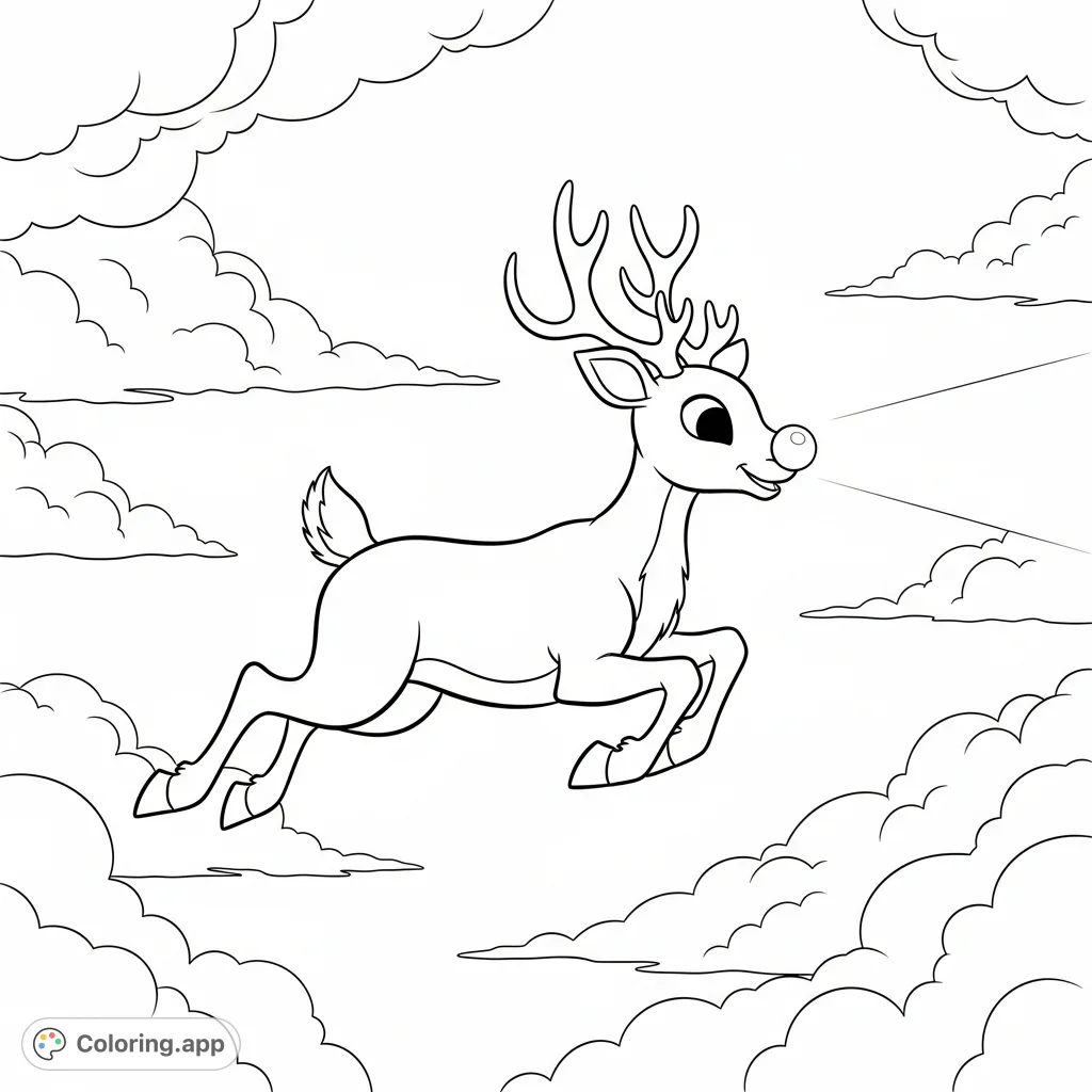 Rudolph the red nosed reindeer soars through swirling clouds, his powerful antlers swept back, nose glowing and leading the way in this enchanting scene.