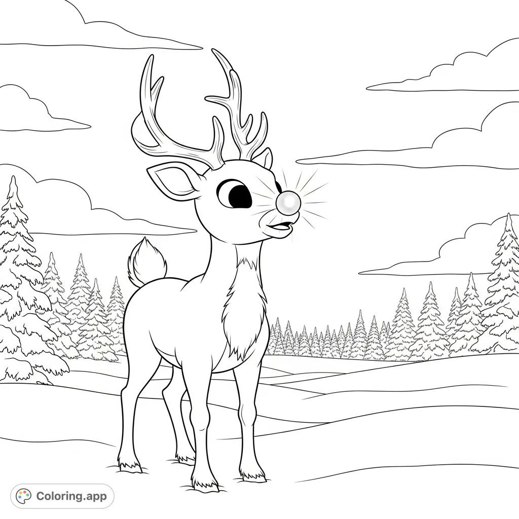 Embark on a festive journey with Rudolph the Red-Nosed Reindeer in a serene, snow-covered winter landscape. A charming free printable Rudolph coloring page.
