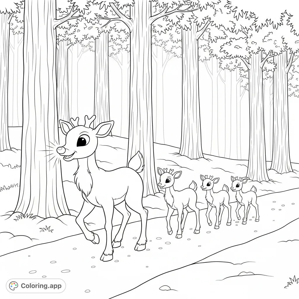 Follow Rudolph and three young reindeer through a snow-dusted forest path, guided by his glowing nose. A charming winter scene for coloring.