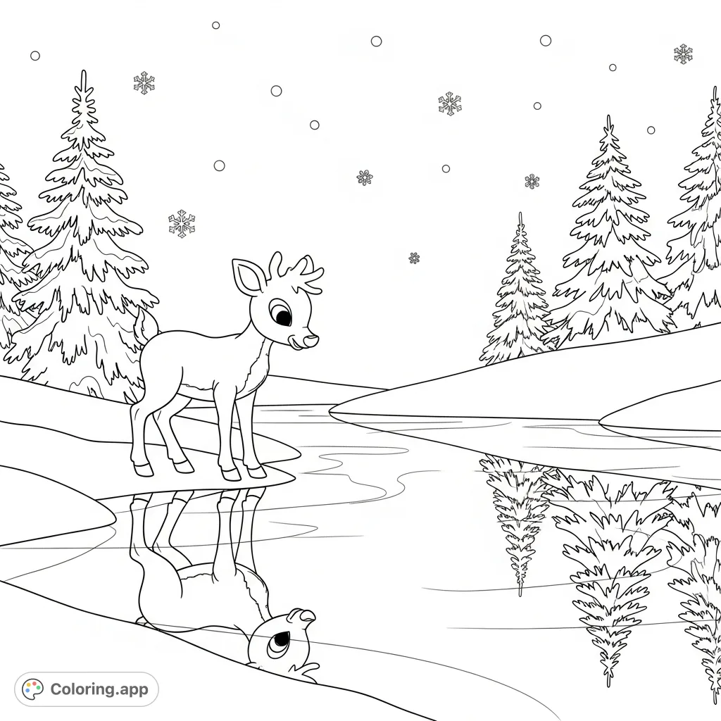 A charming Rudolph coloring page featuring the beloved reindeer gazing at his reflection in a frozen pond, surrounded by gently falling snow and peaceful winter trees.