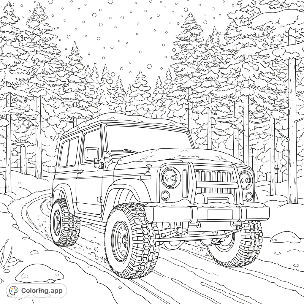 A snow-ready, Jeep-inspired 4x4 with rugged winter tires drives through a dense pine forest, enveloped in delicate snowfall and snow-laden trees.