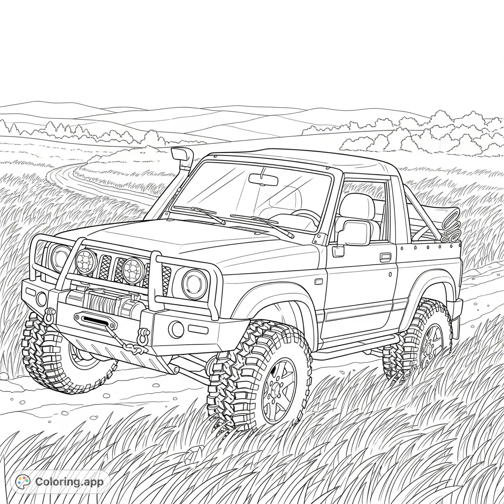 A detailed two-door off-road 4x4 with its soft top down, navigating through tall, dense grass on an unpaved track, with distant hills.