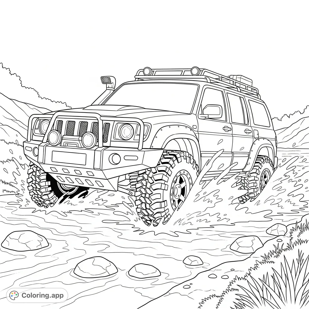 Embark on an off-road adventure! Color a powerful 4x4 truck boldly splashing through a shallow stream, surrounded by river stones and natural elements.