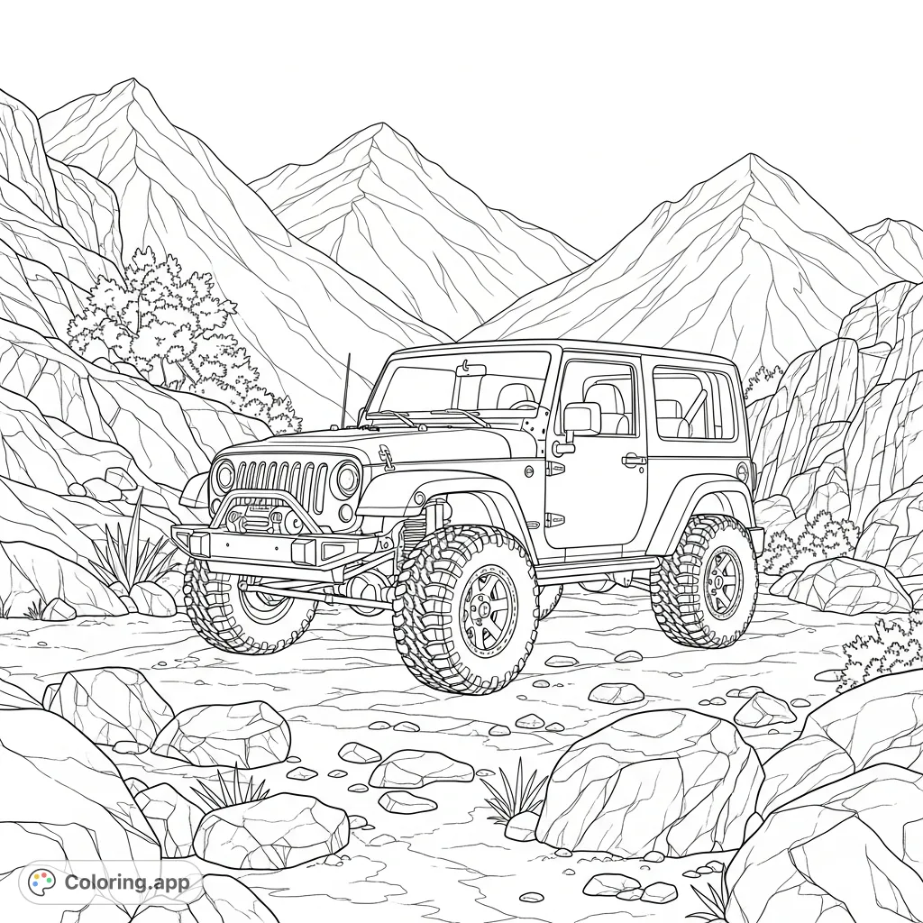 A detailed coloring page featuring a rugged, Wrangler-inspired off-road 4x4 vehicle parked in a challenging landscape with mountains and boulders.