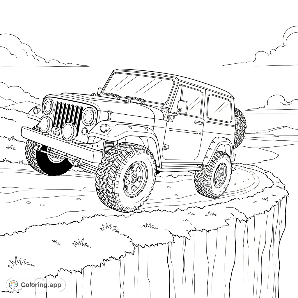 A detailed coloring page featuring a rugged 4x4 vehicle tackling a precarious cliff-edge trail under an open sky, perfect for adventure enthusiasts.