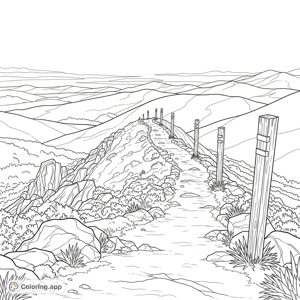 Explore a challenging yet rewarding rugged ridge trail with weathered wooden posts, jagged rocks, and sparse vegetation under an open sky.