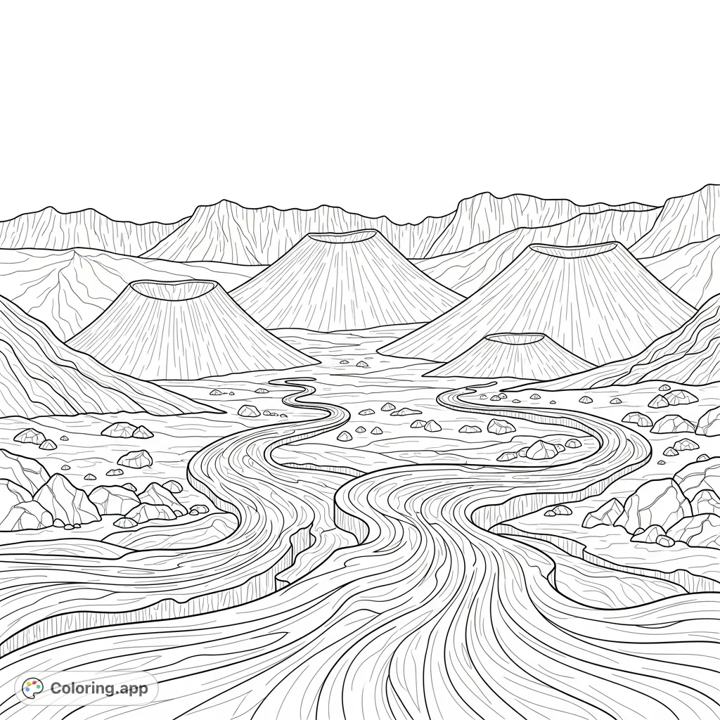 Explore a detailed volcanic landscape featuring ancient lava flows, towering cinder cones, and sharp rocky ridges. Perfect for geology enthusiasts.