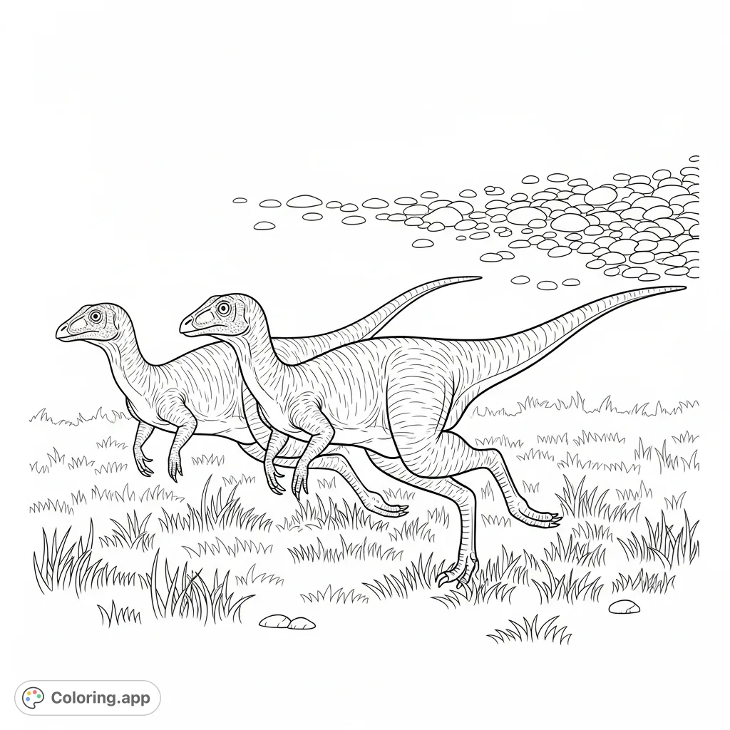Color a dynamic scene featuring two nimble compsognathus dinosaurs mid-stride through short grass, with a scattering of small stones in the background.
