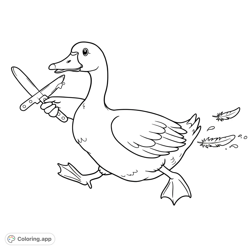 A hilarious running duck with a knife, leaving feathers behind! A unique and funny animal coloring page for all ages. Free printable fun!