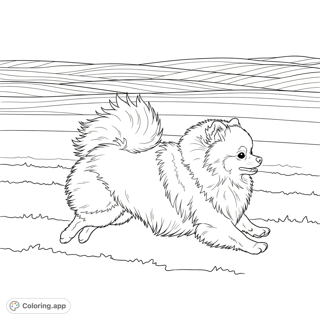 A fluffy Pomeranian dashes joyfully across an open field, its tail bobbing and fur flowing, embodying playful energy. A charming scene for animal lovers.