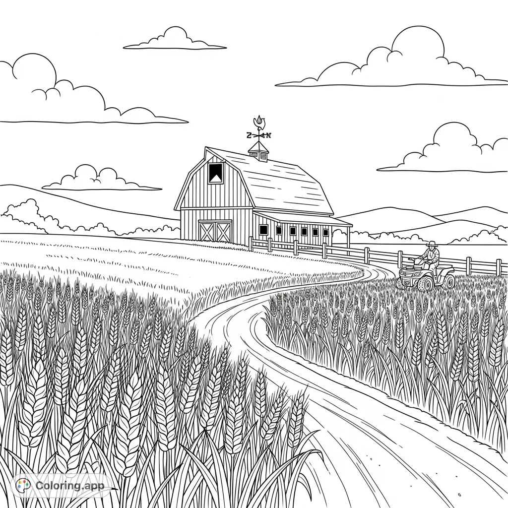 Explore a serene farm scene featuring a winding dirt road through wheat fields, a classic barn with a wind vane, and a farmer on an ATV. A peaceful rural coloring page awaits!