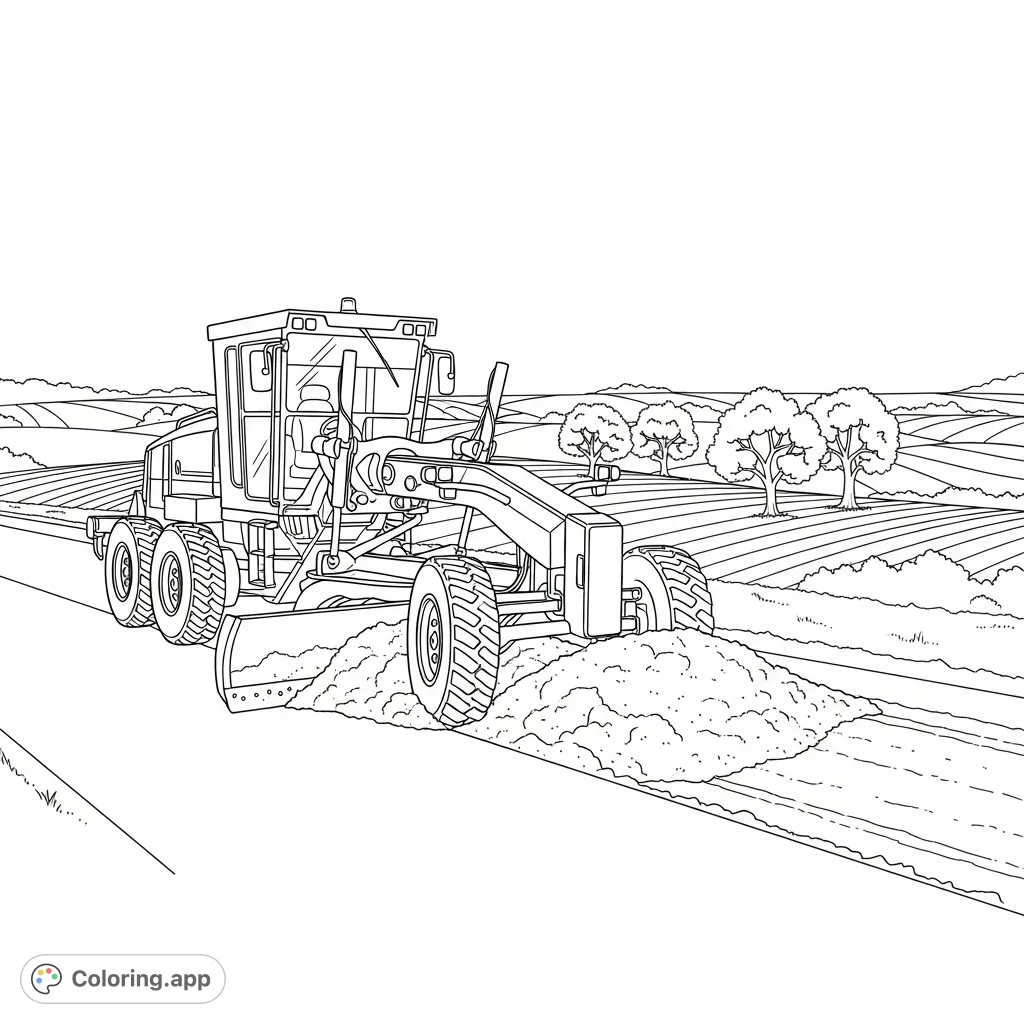 Detailed coloring page featuring a robust road grader working on a rural dirt road, surrounded by fields and trees. Perfect for machinery enthusiasts.