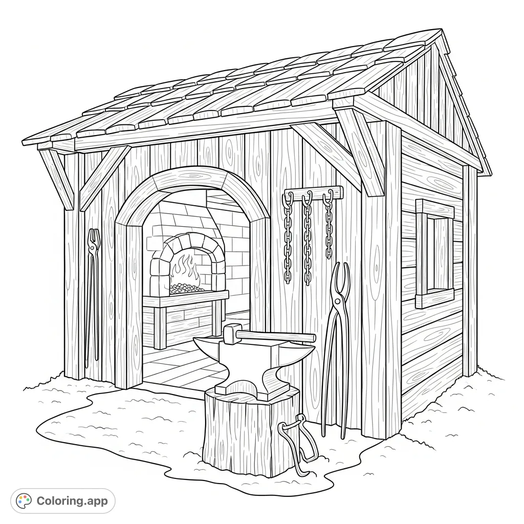 An inviting coloring page depicting a rustic blacksmith's workshop exterior, complete with an open forge, anvil, hammer, and tongs.