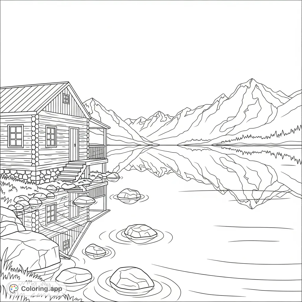 Discover a peaceful scene featuring a rustic wooden cabin by a serene lake with majestic mountains and their reflections. Perfect for nature lovers.