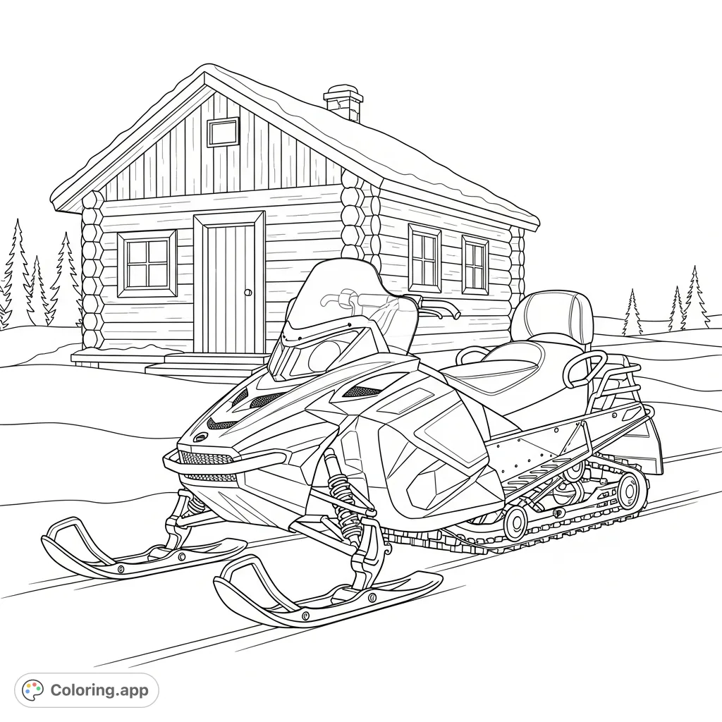 Color a rugged snowmobile parked before a cozy, rustic log cabin amidst a snowy landscape. Perfect for winter enthusiasts to bring to life.