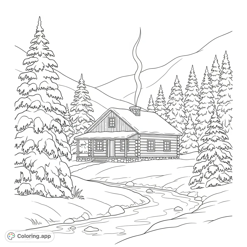 Escape to a serene winter wonderland with this rustic log cabin coloring page. A cozy cabin nestled among frosted evergreens and a frozen stream awaits your creative touch.