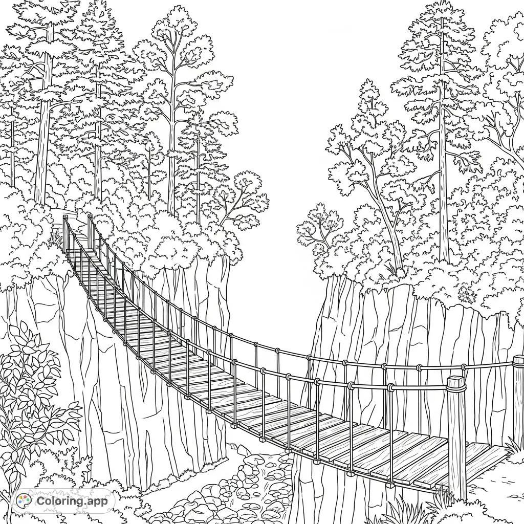 Discover a rustic suspension footbridge swaying between towering, rugged cliffs amidst dense foliage. A tranquil nature scene waiting for your creative touch.