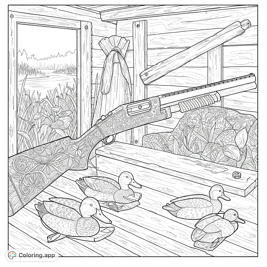 Explore a rustic duck blind with an ornate shotgun and detailed duck decoys. A free printable hunting-themed coloring page for adults and teens.